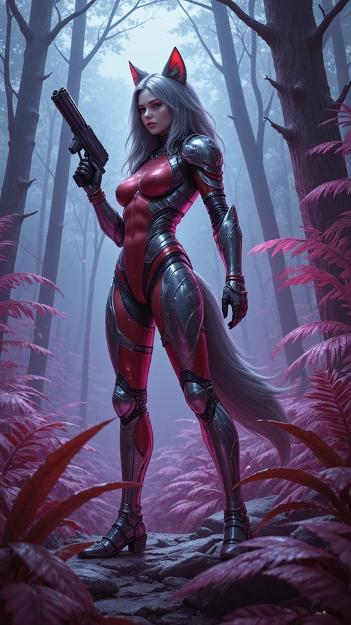 Full-body digital illustration of a grey-haired fox-eared woman in a red armored bodysuit holding a pistol in a misty forest with pink foliage.