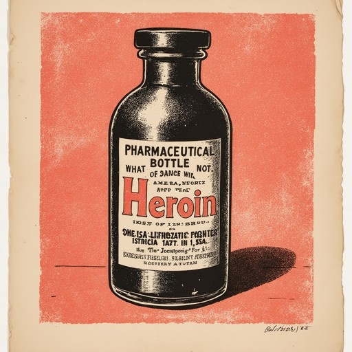 A black glass bottle labeled "Heroin" in red letters sits against a textured orange background with a visible signature at the bottom right.