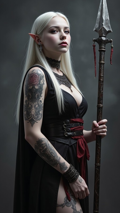A realistic portrait of a blonde elf woman with pointed ears holding a large spear, wearing a black dress and displaying intricate tattoos on her arm and thigh.
