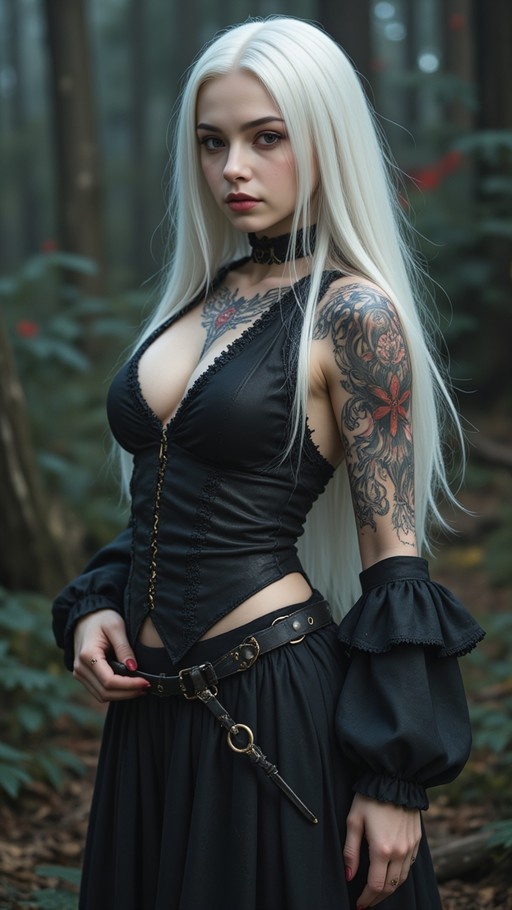 A woman with long white hair and arm tattoos wearing a black corset and detached sleeves in a forest.
