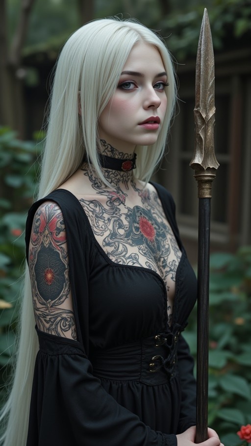 A pale woman with long white hair and intricate tattoos holds a spear in a black dress.