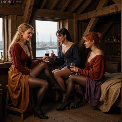 Three women in period-style dresses and black pantyhose sit in a wooden attic room, drinking wine and chatting while looking out at a harbor filled with ships.
