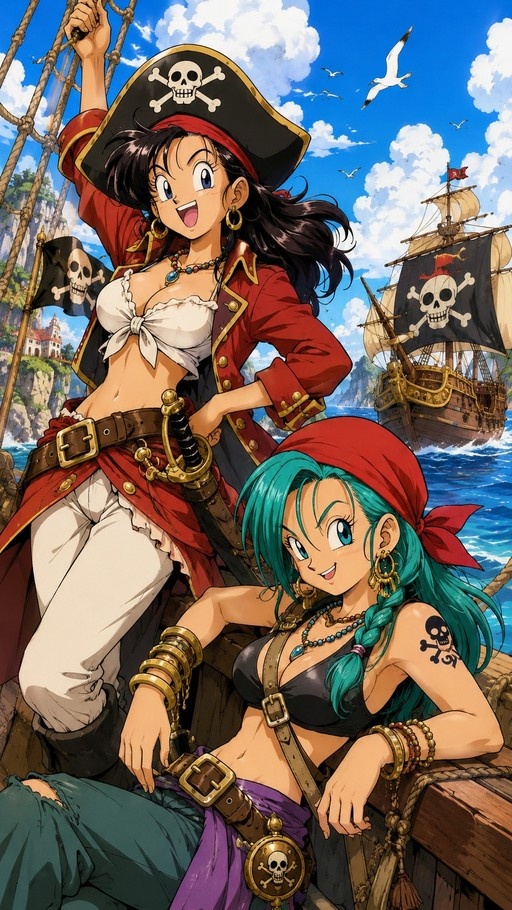 Two anime-style female pirates standing on a ship deck with a skull flag and another vessel in the background.