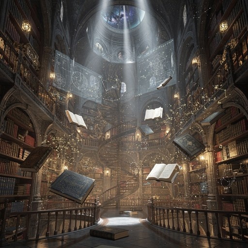 A grand fantasy library with tall bookshelves where books float in the air surrounded by magical golden light and holographic displays under a starry dome.
