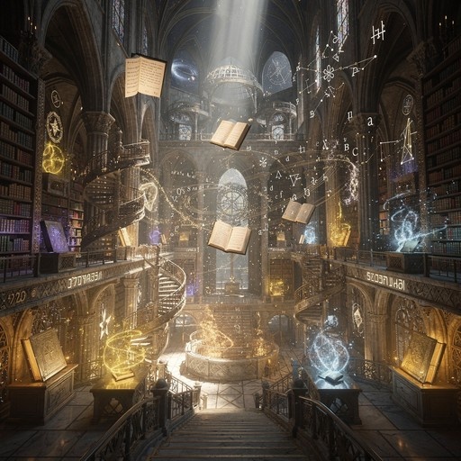 A wide view of a magical library with spiral staircases and towering bookshelves, featuring several open books floating in mid-air surrounded by glowing golden runes and constellations under a vaulted ceiling.