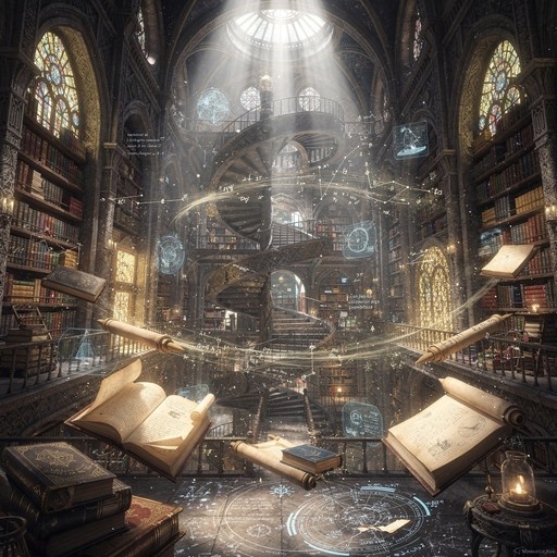 Grand fantasy library interior featuring a central spiral staircase, towering bookshelves, and ancient books floating amidst magical light particles and glowing runes.