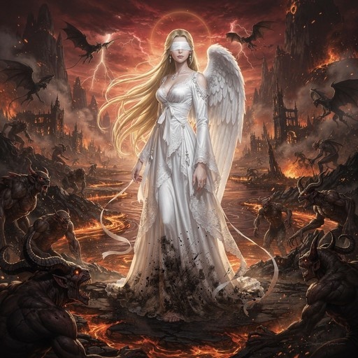 A blindfolded blonde woman with large white wings stands in a fiery hellscape surrounded by horned demons and flying dragons.