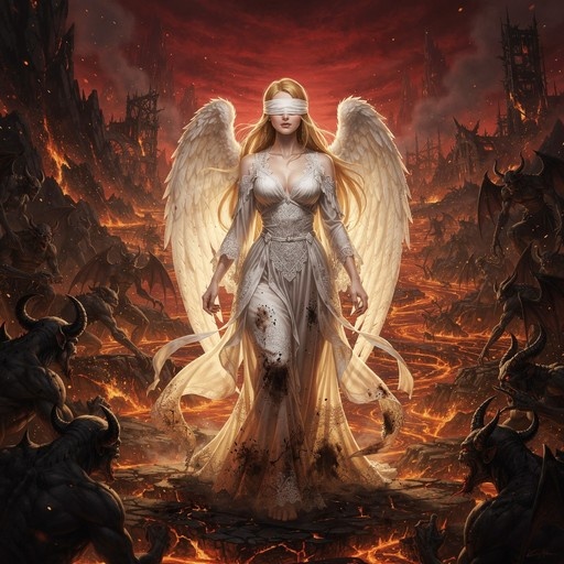 A blindfolded blonde woman with large white wings stands in a volcanic hellscape surrounded by horned demons and lava flows.
