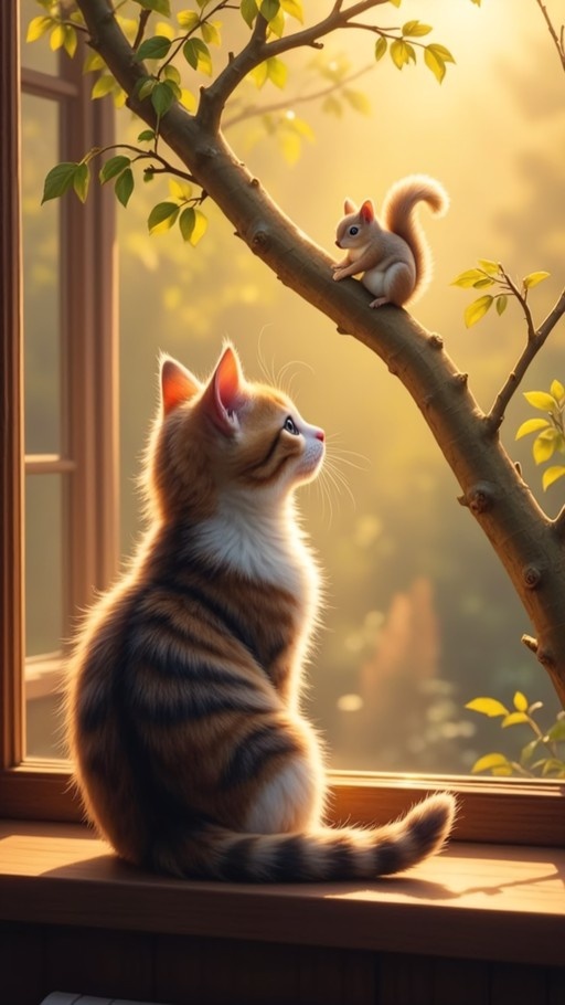 A fluffy orange and white kitten sits on a windowsill looking up at a small squirrel sitting on a tree branch in the warm sunlight.