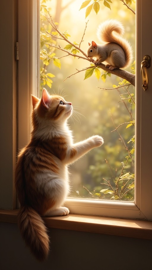 An orange and white kitten on a windowsill reaches out toward a squirrel sitting on a tree branch outside the open window.