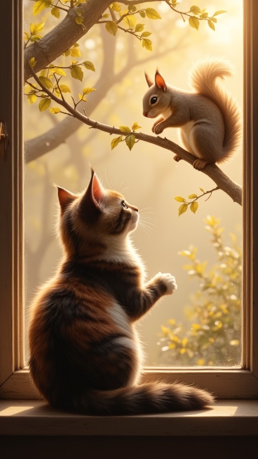 A fluffy calico kitten sits on a windowsill looking up at a squirrel perched on an outdoor tree branch.