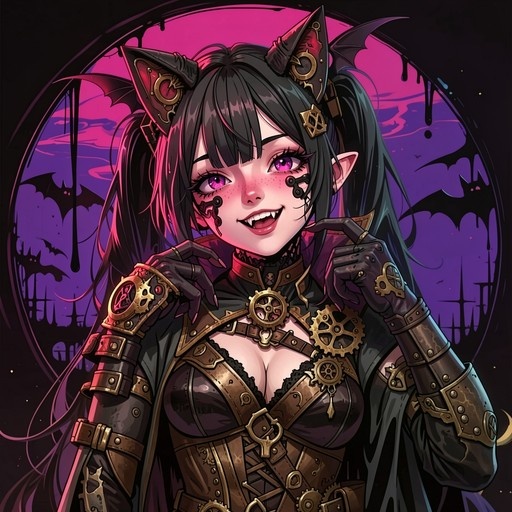 A smiling anime girl with black hair and pointed ears wearing a brown steampunk corset with brass gears, set against a purple moon with bat silhouettes.