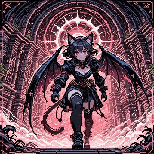 A pixel art illustration of a cat-eared demon girl with large black wings and red eyes standing before a glowing pink halo amidst stone ruins.