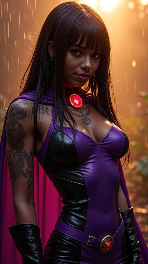 A dark-skinned woman with long black hair and tattoos on her arm and chest stands in a purple and black superhero costume with a cape and a red brooch.