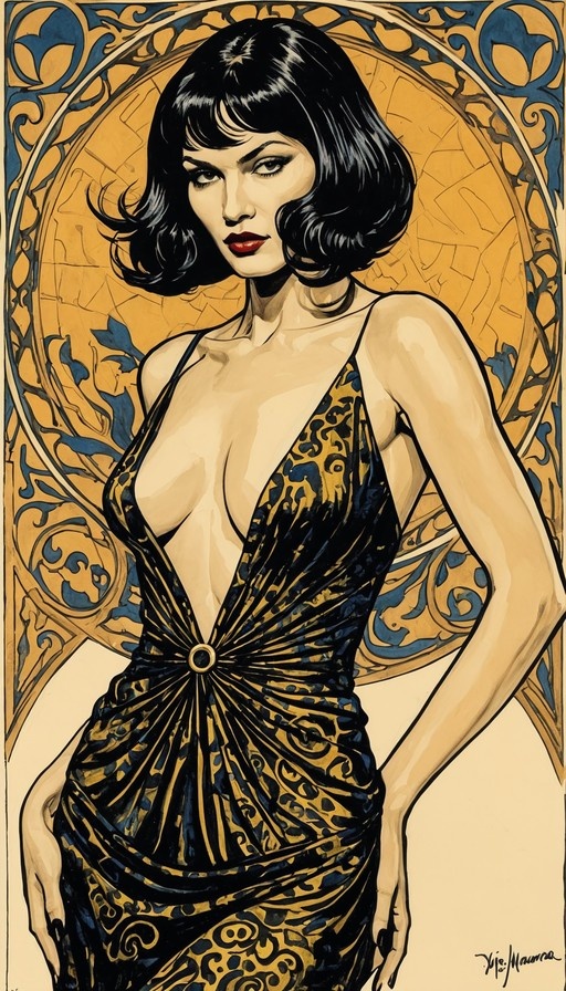 An Art Nouveau style illustration of a woman with short black hair and red lips wearing a patterned dress with a deep V-neckline against an ornate blue and gold background.