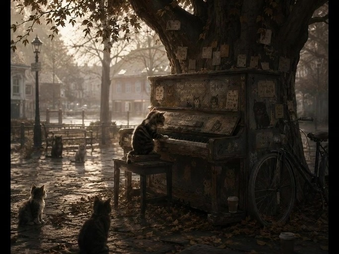 A photorealistic cat sits at a grand piano outdoors in an autumn park, with a bicycle and trees visible nearby.