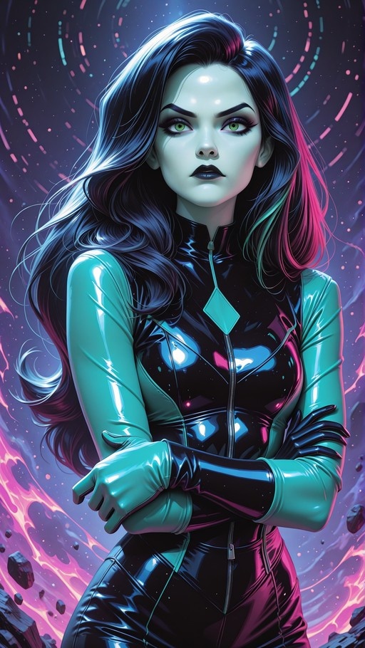 A woman with long dark hair and green eyes stands with arms crossed in a shiny black and teal bodysuit against a colorful space background.