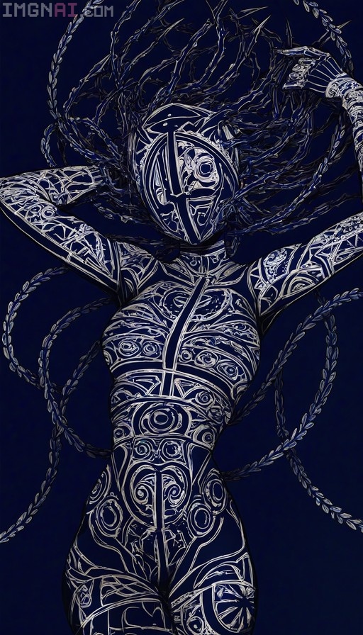 A surreal punk devil figure with a helmet and white tribal patterns on its body stands against a dark blue background surrounded by floating chains and thorny vines.