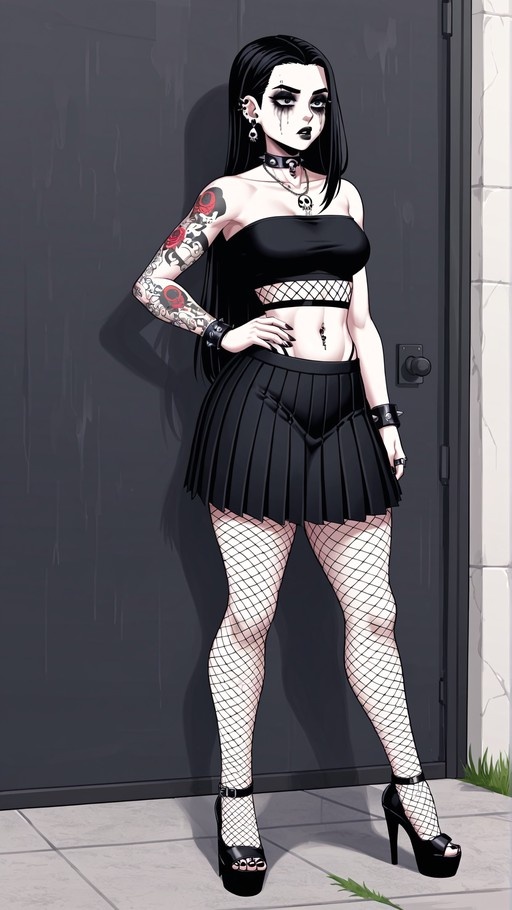 A full-body illustration of a pale anime girl with long black hair and heavy dark makeup, wearing a black tube top, pleated mini-skirt, fishnet pantyhose, and high heels, standing with one hand on her hip against a dark door.