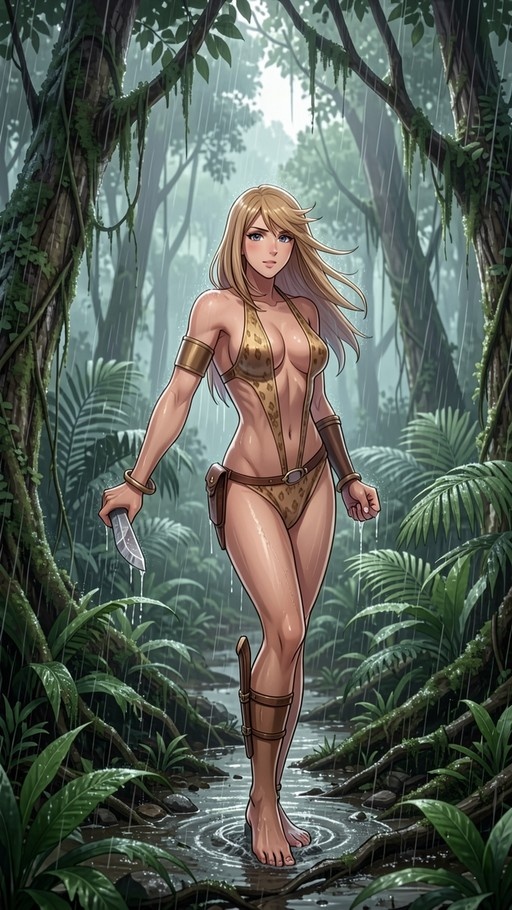 A full-body digital illustration of a blonde woman with blue eyes standing barefoot in a stream in a rainy jungle, wearing an animal-print bikini-style armor and holding a knife.