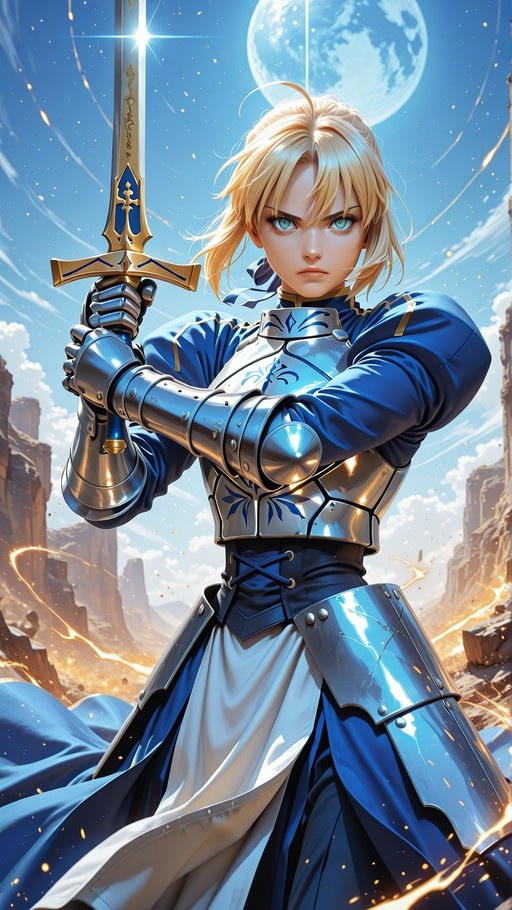 Artoria Pendragon holding Excalibur in silver armor and a blue dress under a large moon.