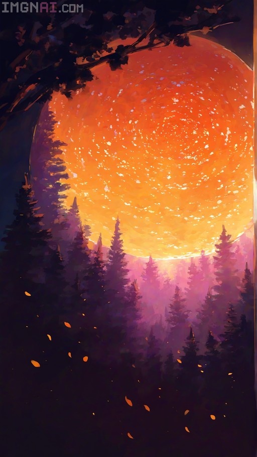 A massive glowing orange moon rises behind silhouetted pine trees in a stylized purple forest scene with drifting leaves.