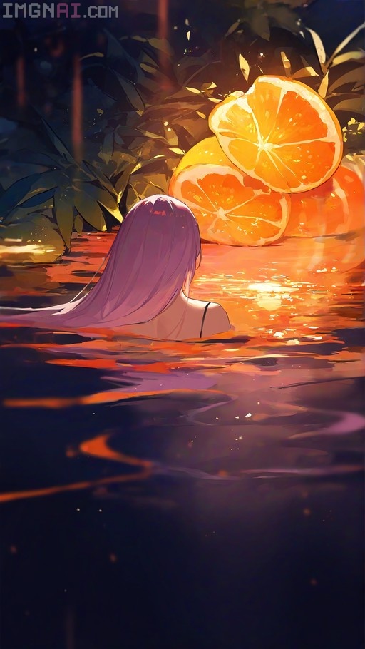A girl with long purple hair stands in water facing large floating oranges and lush green leaves in a vibrant purple and orange setting.