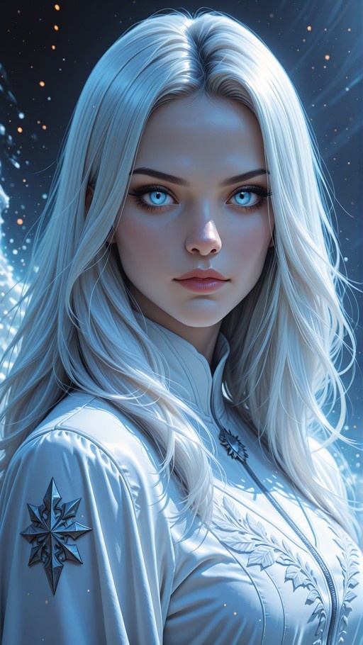 A close-up portrait of a young woman with long white hair and bright blue eyes, wearing a white high-collared jacket adorned with a metallic snowflake pin on her shoulder against a dark background with floating light particles.