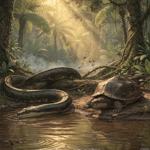A large snake and a giant turtle facing each other near the water in a lush, sunlit jungle with mist and birds flying in the background.