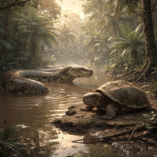 A large prehistoric turtle on a muddy bank faces a massive snake coiled in the water of a lush, misty jungle river.