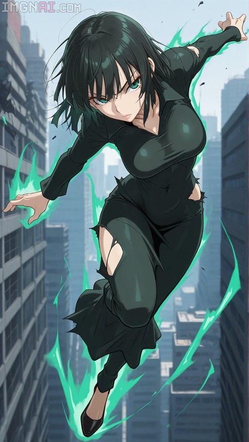 Fubuki from One Punch Man floating in mid-air surrounded by a green aura, wearing a torn black dress against a city backdrop.