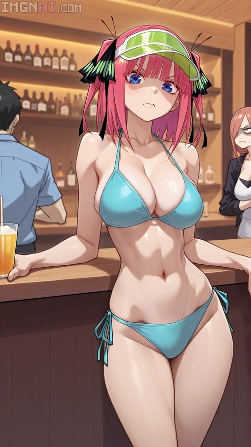 Nakano Nino from The Quintessential Quintuplets wearing a blue bikini and green visor at a bar.
