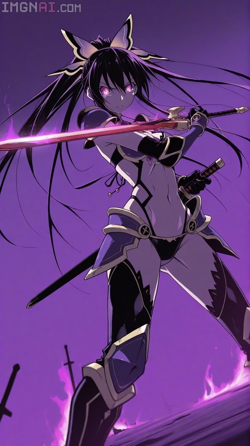 Yatogami Tohka from Date A Live holding a glowing purple sword in white and purple armor