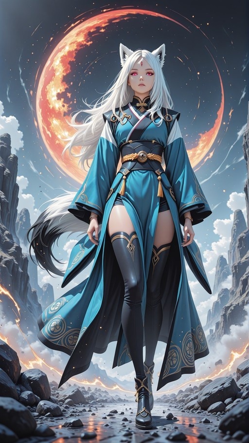 Full body digital illustration of a white-haired fox girl in a blue kimono standing before a large red moon.