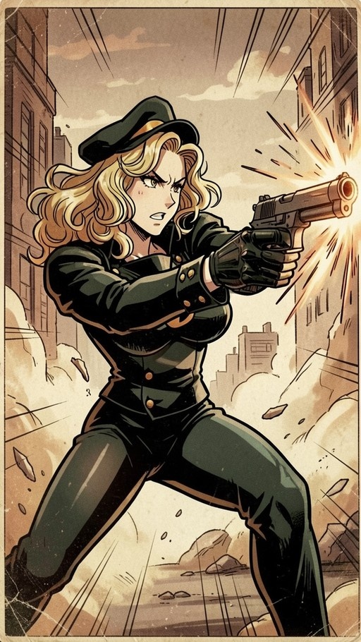 A blonde woman in a dark uniform and hat fires a handgun with muzzle flash in a dynamic western comic style illustration.