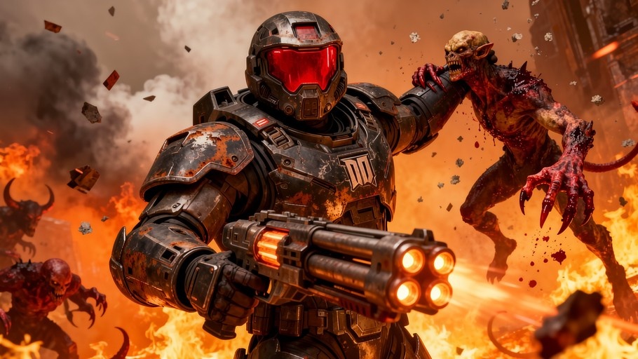 A heavily armored soldier with a red visor fires a large gun while fighting a demon in a fiery explosion.
