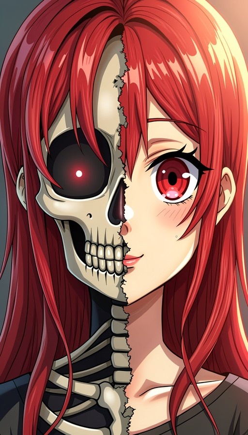 An anime girl with long red hair, her face split vertically between a human side with red eyes and a skeletal side with a glowing red socket.