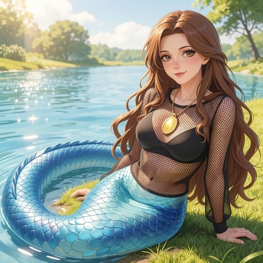 A brown-haired mermaid with a blue scaled tail sits on grass by a river wearing a black fishnet top and gold pendant.