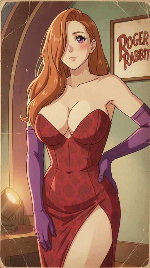 Jessica Rabbit in a red floral dress and purple gloves posing with one hand on her hip.