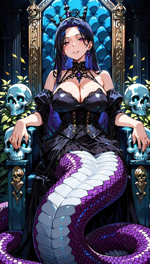 A digital illustration of a lamia queen with purple and white scales sitting on an ornate blue throne surrounded by glowing skulls.