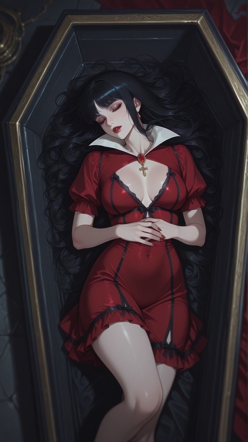 A digital illustration of a pale vampire woman with long black hair lying asleep in an open coffin, wearing a red dress and a cross necklace.