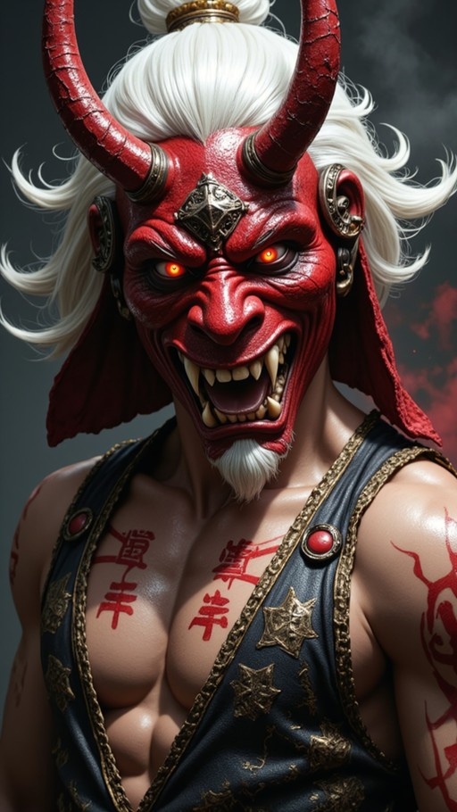 A muscular man with white hair wears a large red oni mask with horns and glowing orange eyes, revealing sharp teeth. He has red tattoos on his chest and arms and wears a dark vest with gold trim.