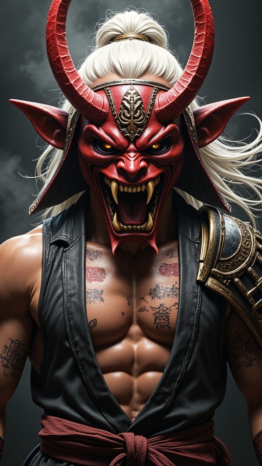 A muscular man with white hair wears a large red Oni mask with horns and displays chest tattoos while wearing black clothing and gold shoulder armor.