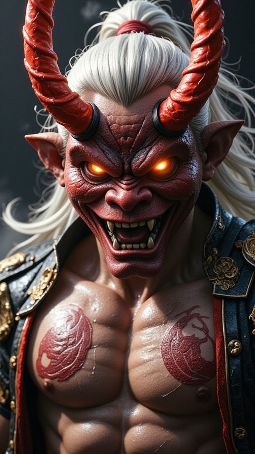 A muscular male demon character with a red face, large twisted red horns, glowing orange eyes, and white hair in a ponytail, wearing an open jacket with gold trim over a chest with red tattoos.
