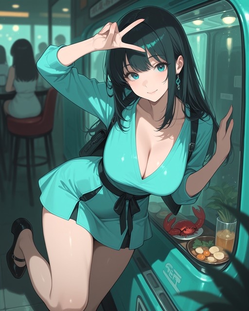 An anime girl with long dark hair and blue eyes in a teal dress makes a V-sign near her eye while leaning against a counter with food.