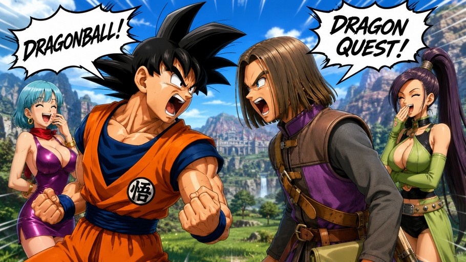 Goku and the Dragon Quest hero shout their franchise names while Bulma and a female companion watch in an outdoor setting.