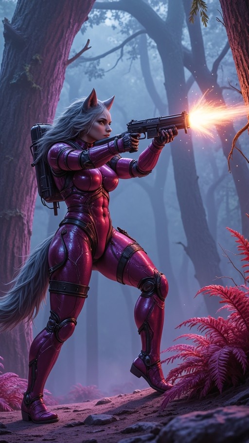 A muscular woman with grey hair, wolf ears, and a tail wearing a tight purple suit stands in a foggy forest while shooting a handgun with a visible muzzle flash.