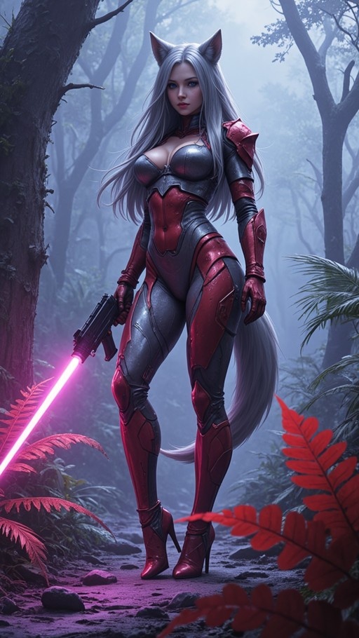 A full-body digital illustration of a silver-haired fox-eared warrior in red and grey armor standing in a misty forest, holding a futuristic weapon that emits a bright pink beam.