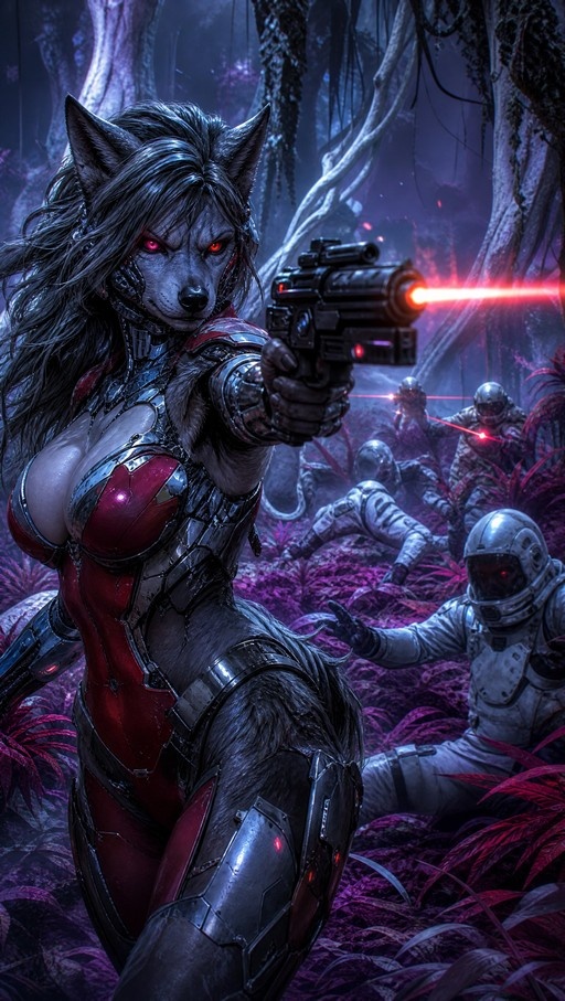 An anthropomorphic wolf warrior with red eyes and grey fur aims a futuristic laser pistol while wearing red and silver armor in a purple alien forest.