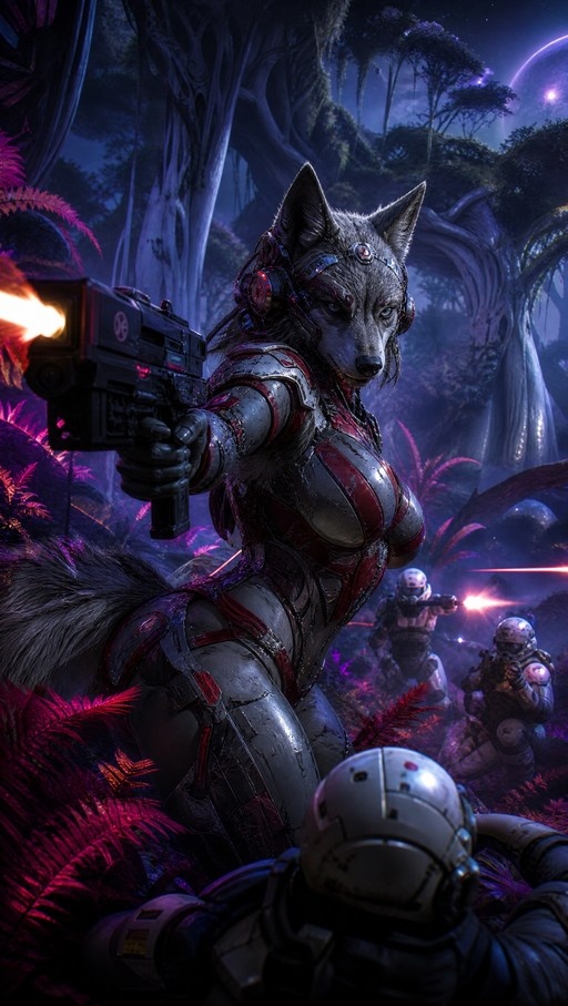 A female anthropomorphic wolf in red and silver armor firing a gun in an alien forest with other soldiers.